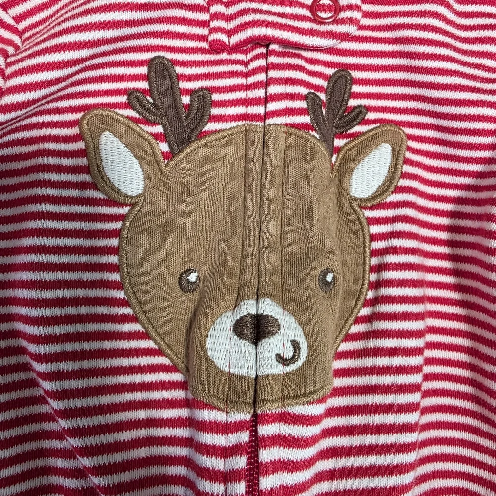 Carter's Striped Red White Brown Reindeer One Piece Christmas Sleeper 3 Mo EUC